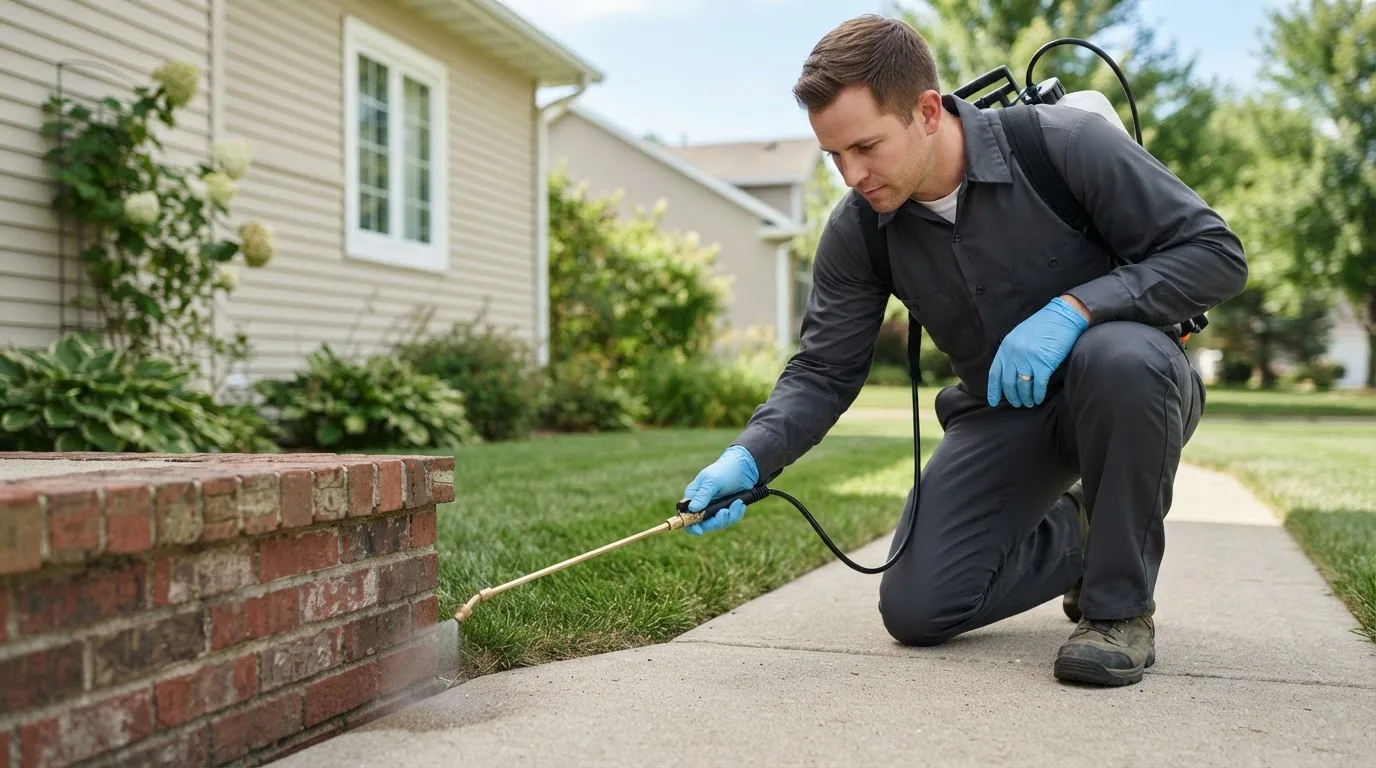 Pest control technician treating a home near Carbon Cliff, IL
